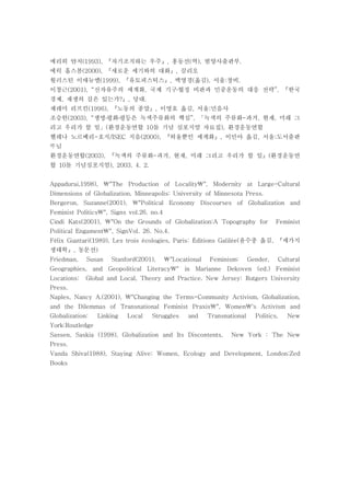 에리히 얀치 자기조직하는 우주 홍동선 역 범양사출판부(1993), , ( ), .『 』
에릭 홉스봄 새로운 세기와의 대화 끌리오(2000), ,『 』
월러스틴 이매뉴엘 유토피스틱스 백영경 옮김 서울 창비(1999), , ( ), : .『 』
이창근 신자유주의 세계화 국제 기구 협정 비판과 민중운동의 대응 전략 한국(2001), “ , ”, 『․
경제 재생의 길은 있는가 당대, ? , .』
제레미 리프킨 노동의 종말 이영호 옮김 서울 민음사(1996), , , :『 』
조승헌 생명 평화 평등은 녹색주류화의 핵심 녹색의 주류화 과거 현재 미래 그(2003), “ ”, - , ,「․ ․
리고 우리가 할 일 환경운동연합 돌 기념 심포지엄 자료집 환경운동연합( 10 ),」
헬레나 노르베리 호지 지음 허울뿐인 세계화 이민아 옮김 서울 도서출판- /ISEC (2000), , , :『 』
님
환경운동연합 녹색의 주류화 과거 현재 미래 그리고 우리가 할 일 환경운동연(2003), - , , (『 』
합 돌 기념심포지엄10 ), 2003. 4. 2.
Appadurai,1998), "The Production of Locality", Modernity at Large-Cultural
Dimensions of Globalization, Minneapolis: University of Minnesota Press.
Bergeron, Suzanne(2001), "Political Economy Discourses of Globalization and
Feminist Politics", Signs vol.26, no.4
Cindi Kats(2001), "On the Grounds of Globalization:A Topography for Feminist
Political Engament", SignVol. 26. No.4.
윤수종 옮김 세가지Félix Guattari(1989), Les trois écologies, Paris: Éditions Galilée( , 『
생태학 동문선, )』
Friedman, Susan Stanford(2001), "Locational Feminism: Gender, Cultural
Geographies, and Geopolitical Literacy" in Marianne Dekoven (ed.) Feminist
Locations: Global and Local, Theory and Practice. New Jersey: Rutgers University
Press.
Naples, Nancy A.(2001), "Changing the Terms-Community Activism, Globalization,
and the Dilemmas of Transnational Feminist Praxis", Women's Activism and
Globalization: Linking Local Struggles and Transnational Politics, New
York:Routledge
Sassen, Saskia (1998), Globalization and Its Discontents, New York : The New
Press.
Vanda Shiva(1988), Staying Alive: Women, Ecology and Development, London:Zed
Books
 