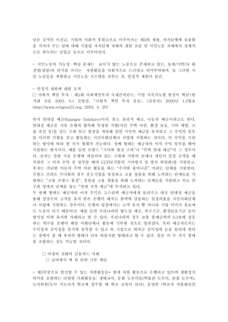 당은 공적인 이전금 기업의 사회적 후원금으로 이루어지는 제 의 재원 자치단체에 유용함, 3 ,
을 가져다 주는 일에 대해 지불될 자치단체 자체의 재원 조달 및 시민노동 자체에서 경제적
으로 취득되는 납입금 등으로 이루어진다.
시민노동의 가능성 핵심 문제는 보이지 않는 노동으로 존재하고 있는 동네 지역 사 회- : , / /
경영 살림 의 의미를 지니는 자원활동을 사회적으로 드러내고 의미부여하며 또 그러한 시( ) ,
민 노동들을 계발하고 시민노동 시스템을 갖추는 것 안정적 재원이 관건. .
안정적 재원에 대한 모색-
사회적 책임 투자 제 회 사회책임투자 국제콘퍼런스 기업 지속가능한 발전이 핵심 한: 1 , ’(□
겨레 신문 김항섭 사회적 책임 투자 운동 공동선 년 월호2003. 6.) , “ :, { } 2000 1.2
(http://www.religion21.org, 2004. 4. 20)
먼저 연대성 예금 이다 또는 윤리적 예금 나눔의 예금이라고도 한다(Epargne Solidaire) . , .
연대성 예금은 시중 은행과 협력해 특정한 지향 서민 주택 마련 환경 보호 기아 예방 고( , , ,
용 촉진 등 을 갖는 구좌 또는 통장을 개설해 일반 시민의 예금을 유치하고 그 수익의 일부)
를 이러한 지향을 갖고 활동하는 시민사회단체나 사업에 지원하는 것이다 이 수익을 지원.
하는 방식에 따라 몇 가지 형태가 가능하다 첫째 형태는 예금자의 이자 수익 일부를 떼어.
지원하는 방식이다 예를 들면 프랑스 기아와 발전 구좌 나 주택 연대 예금 이 그 경우이. “ ” “ ”
다 전자는 일반 시중 은행에 개설되어 있는 구좌에 가톨릭 단체나 개인이 일정 금액을 예.
치하면 그 이자 수익 중 일부를 떼어 가톨릭 기아방지 및 발전 위원회 를 지원하고CCFD( ) ,
후자는 가난한 이들의 주택 마련 활동을 하는 주거와 휴머니즘 이라는 단체를 지원한다“ ” .
프랑스 프라도 수녀회의 경우 중소기업을 육성하고 고용 창출을 위해 노력하는 단체들을 지
원하는 고용 프랑스 통장 중유럽 고용 창출을 위해 노력하는 단체들을 지원하고 의료 연“ ”,
구와 장애자 단체를 돕는 연대 저축 예금 에 투자하고 있다“ ” .
두 번째 형태는 예금자의 이자 수익은 고스란히 예금자에게 돌려주고 대신 연대성 예금을
통해 상당수의 고객을 유치 받은 은행이 예치금 총액에 상응하는 일정비율을 시민사회단체
나 사업에 지원하는 경우이다 은행의 입장에서는 고객 유치 뿐 아니라 기업 이미지 홍보에.
도 도움이 되기 때문이다 예를 들면 우리나라의 월드컵 예금 축구기금 환경보호기금 등이. , ,
형식상 이와 유사한 사례라고 할 수 있다 우리나라의 경우 보통 총예금액의 에 상응. 0.1%
하는 액수를 은행이 해당 사회단체나 활동에 기부한 것으로 알려졌다 특히 예금자로서는.
수익성과 공익성을 동시에 충족할 수 있고 또 기업으로 하여금 공익성에 눈을 돌리게 한다
는 점에서 볼 때 후자의 형태가 더욱 바람직한 형태라고 할 수 있다 물론 이 두 가지 형태.
를 조합하는 것도 가능할 것이다.
여성의 전화의 신용카드 사례□
급여에서 백 원 단위 기부 재단□
제 부분으로 발전할 수 있는 자원활동들 현재 자원 활동으로 수행되고 있으며 생활정치- 3 =
의미를 포함하는 다양한 사회활동들 생태교사 문화 도우미들 박물관 도우미 관광 도우미: , ( , ),
도서위원 독서 지도사가 학교에 상주할 때 학교 교육이 산다 운영위 학교가 자율화되면( ), (
 