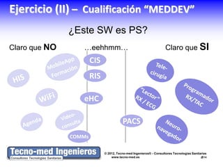Ejercicio (II) – Cualificación “MEDDEV”
               ¿Este SW es PS?
Claro que NO      …eehhmm…                                          Claro que SI
                       CIS
                       RIS

                  eHC

                                        PACS
               COMMs

                             © 2012, Tecno-med Ingenieros® - Consultores Tecnologías Sanitarias
                                 www.tecno-med.es                                          14
 