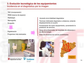3. Evolución tecnológica
Incidencia en el diagnóstico por la imagen

TAC (incorporación)
RNM (reserva de espacio)
Radiología                      Aumento de la fiabilidad diagnóstica
Mamografía                      Técnicas médicasde diagnóstico a distancia, evitando
Ecografía                       desplazamientos al usuario
                                Incorporación de nuevo equipamiento, aumentando la
                                prestación de servicios
                                Apoyo de profesionales de hospitales de referencia o
Digitalización                  de alta tecnología
Programas más avanzados         Dota a la docencia de nuevas posibilidades




                                                                             Diagnóstico
                                                                             a distancia

                                                                                           16
 