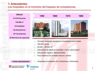 1. Antecedentes
Los hospitales en el momento del traspaso de competencias

         INSALUD
                                   1950               1960            1970            1980
     31.610 Personas

        742.886 m2

      14 Hospitales

     42 Ambulatorios

     107 Consultorios

 54 Servicios de urgencias

                             o   Grandes complejos sanitarios y hospitalarios provinciales
                             o   200-800 camas
                             o   60.000 – 90.000 m2
                             o   Soluciones de planta en monobloc o torre sobre zócalo
                             o   Estructuras rígidas y Monumentales
                             o   Poca relación con el medio natural o urbano


    OTRAS PROCEDENCIAS       o   Hospitales procedentes de Fundaciones y Patronatos


                                                                                             3
 