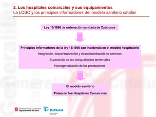 2. Los hospitales comarcales y sus equipamientos
La LOSC y los principios informadores del modelo sanitario catalán


                   Ley 15/1990 de ordenación sanitaria de Catalunya




   Principios informadores de la ley 15/1990 con incidencia en el modelo hospitalario
               Integración, descentralización y desconcentración de servicios
                       Superación de las desigualdades territoriales
                           Homogeneización de las prestaciones




                                    El modelo sanitario

                          Potenciar los Hospitales Comarcales
 