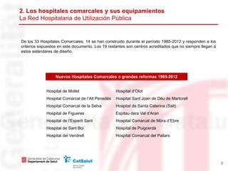 2. Los hospitales comarcales y sus equipamientos
La Red Hospitalaria de Utilización Pública


De los 33 Hospitales Comarcales, 14 se han construido durante el período 1985-2012 y responden a los
criterios expuestos en este documento. Los 19 restantes son centros acreditados que no siempre llegan a
estos estándares de diseño.




                  Nuevos Hospitales Comarcales o grandes reformas 1985-2012


             Hospital de Mollet                   Hospital d’Olot
             Hospital Comarcal de l’Alt Penedès   Hospital Sant Joan de Déu de Martorell
             Hospital Comarcal de la Selva        Hospital de Santa Caterina (Salt)
             Hospital de Figueres                 Espitau dera Val d’Aran
             Hospital de l’Esperit Sant           Hospital Comarcal de Móra d’Ebre
             Hospital de Sant Boi                 Hospital de Puigcerdà
             Hospital del Vendrell                Hospital Comarcal del Pallars




                                                                                                          7
 