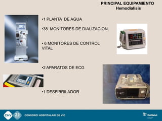 PRINCIPAL EQUIPAMIENTO
                                  Hemodialisis

•1 PLANTA DE AGUA

•38 MONITORES DE DIALIZACION.


• 6 MONITORES DE CONTROL
VITAL



•2 APARATOS DE ECG




•1 DESFIBRILADOR
 