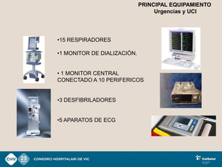 PRINCIPAL EQUIPAMIENTO
                                  Urgencias y UCI




•15 RESPIRADORES

•1 MONITOR DE DIALIZACIÓN.


• 1 MONITOR CENTRAL
CONECTADO A 10 PERIFERICOS


•3 DESFIBRILADORES


•5 APARATOS DE ECG
 