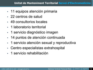 Unitat de Manteniment Territorial Servei d’Electromedicina


•   11 equipos atención primaria
•   22 centros de salud
•   49 consultorios locales
•   1 laboratorio territorial
•   1 servicio diagnóstico imagen
•   14 puntos de atención continuada
•   1 servicio atención sexual y reproductiva
•   Centro especialistas extrahospital
•   1 servicio rehabilitación



                                                               12
 