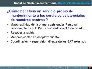 Unitat de Manteniment Territorial Servei d’Electromedicina


¿Cómo beneficia un servicio propio de
 mantenimiento a los servicios asistenciales
 de nuestros centros ?
•   Mayor agilidad de la primera asistencia. Personal
    permanente en el HTVC y itinerante en el área de AP.
•   Respuesta rápida.
•   Menores costes de desplazamiento.
•   Coordinación y supervisión directa de los SAT externos




                                                               31
 