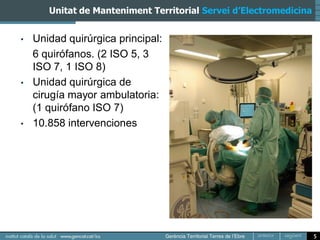 Unitat de Manteniment Territorial Servei d’Electromedicina


•   Unidad quirúrgica principal:
    6 quirófanos. (2 ISO 5, 3
    ISO 7, 1 ISO 8)
•   Unidad quirúrgica de
    cirugía mayor ambulatoria:
    (1 quirófano ISO 7)
•   10.858 intervenciones




                                                                    5
 
