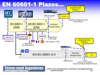 EN 60601-1 Plazos…                                                               EQUIPOS SIN
                                                                                   PARTE 2



                                                                     1 JUN 12

                                                                              TAMBIEN ENTRAN EN VIGOR
                                                                                    COLATERALES

      IEC 60601-1          EN IEC 60601-1             PERIODO
                                                    TRANSITORIO
         2005                  2006
                         APROBACIÓN Y PUBLICACIÓN
                            NORMAS NACIONALES


             12 SET 06
 DIC 05                                             ARMONIZADA
             APROBACIÓN                              27 Nov 2008
                                                                                             EQUIPOS CON
APROBACIÓN                                     UNE EN 60601-1:2008                             PARTE 2
                 1ª ADOPCIÓN
                EN VIGOR EN EU




                                                                                   PERIODO
                               EN IEC 60601-2-X                                  TRANSITORIO                  ???



                                                                       ARMONIZADA                DOW
                                                                                          DATE OF WITHDRAW
                                                                                     FECHA RETIRADA VERSION PREVIA


                                                © 2012, Tecno-med Ingenieros® - Consultores Tecnologías Sanitarias
                                                     www.tecno-med.es                                          4
 