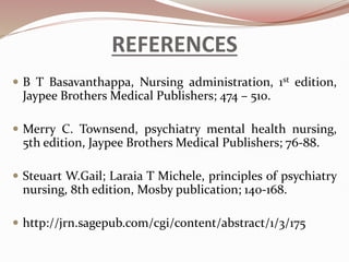 REFERENCES
 B T Basavanthappa, Nursing administration, 1st edition,
Jaypee Brothers Medical Publishers; 474 – 510.
 Merry C. Townsend, psychiatry mental health nursing,
5th edition, Jaypee Brothers Medical Publishers; 76-88.
 Steuart W.Gail; Laraia T Michele, principles of psychiatry
nursing, 8th edition, Mosby publication; 140-168.
 http://jrn.sagepub.com/cgi/content/abstract/1/3/175
 