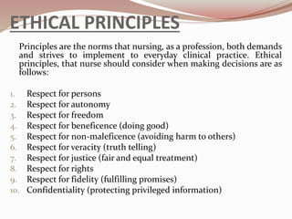 ETHICAL PRINCIPLES
Principles are the norms that nursing, as a profession, both demands
and strives to implement to everyday clinical practice. Ethical
principles, that nurse should consider when making decisions are as
follows:
1. Respect for persons
2. Respect for autonomy
3. Respect for freedom
4. Respect for beneficence (doing good)
5. Respect for non-maleficence (avoiding harm to others)
6. Respect for veracity (truth telling)
7. Respect for justice (fair and equal treatment)
8. Respect for rights
9. Respect for fidelity (fulfilling promises)
10. Confidentiality (protecting privileged information)
 