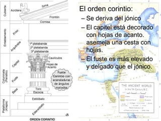 • El orden corintio:
  – Se deriva del jónico
  – El capitel está decorado
    con hojas de acanto.
    asemeja una cesta con
    hojas.
  – El fuste es más elevado
    y delgado que el jónico.
 