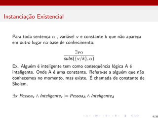 Instanciação Existencial
Para toda sentença α , variável v e constante k que não apareça
em outro lugar na base de conhecimento.
∃vα
subs({v/k}, α)
Ex. Alguém é inteligente tem como consequência lógica A é
inteligente. Onde A é uma constante. Refere-se a alguém que não
conhecemos no momento, mas existe. É chamada de constante de
Skolem.
∃x Pessoax ∧ Inteligentex |= PessoaA ∧ InteligenteA
4/38
 