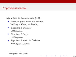 Proposicionalização
Seja a Base de Conhecimento (KB):
I Todos os gatos pretos são bonitos
∀xGatox ∧ Pretox → Bonitox
I Bigodinho é um gato 1
Gatobigodinho
I Bigodinho é Preto
Pretobigodinho
I Bigodinho é irmão de Orelinha
Irmaobigodinho,orelinha
1
Obrigado a Ana Vitória
5/38
 