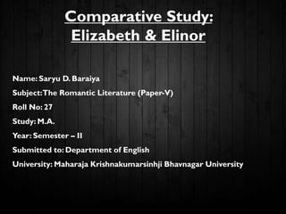 Comparative Study:
Elizabeth & Elinor
Name: Saryu D. Baraiya
Subject:The Romantic Literature (Paper-V)
Roll No: 27
Study: M.A.
Year: Semester – II
Submitted to: Department of English
University: Maharaja Krishnakumarsinhji Bhavnagar University
 