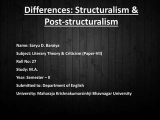 Differences: Structuralism &
Post-structuralism
Name: Saryu D. Baraiya
Subject: Literary Theory & Criticism (Paper-VII)
Roll No: 27
Study: M.A.
Year: Semester – II
Submitted to: Department of English
University: Maharaja Krishnakumarsinhji Bhavnagar University
 