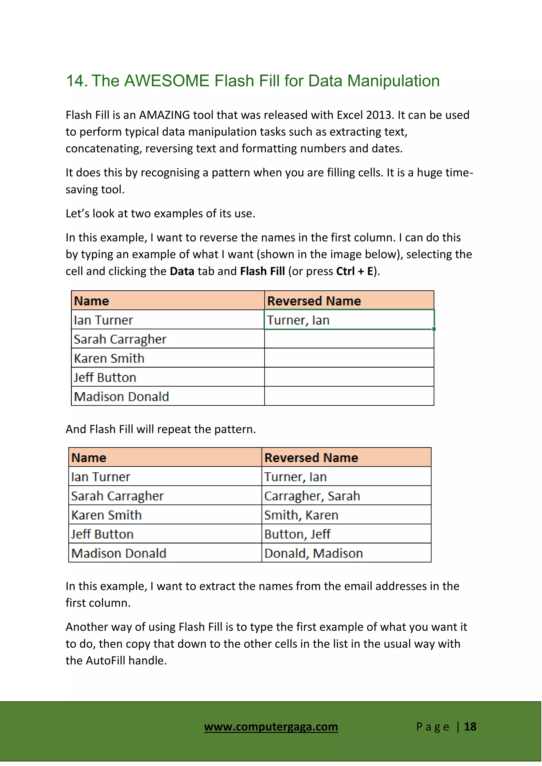 www.computergaga.com P a g e | 18
14. The AWESOME Flash Fill for Data Manipulation
Flash Fill is an AMAZING tool that was released with Excel 2013. It can be used
to perform typical data manipulation tasks such as extracting text,
concatenating, reversing text and formatting numbers and dates.
It does this by recognising a pattern when you are filling cells. It is a huge time-
saving tool.
Let’s look at two examples of its use.
In this example, I want to reverse the names in the first column. I can do this
by typing an example of what I want (shown in the image below), selecting the
cell and clicking the Data tab and Flash Fill (or press Ctrl + E).
And Flash Fill will repeat the pattern.
In this example, I want to extract the names from the email addresses in the
first column.
Another way of using Flash Fill is to type the first example of what you want it
to do, then copy that down to the other cells in the list in the usual way with
the AutoFill handle.
 