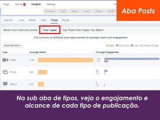 Na sub aba de tipos, veja o engajamento e
alcance de cada tipo de publicação.
Aba Posts
 