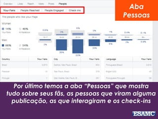 Por último temos a aba “Pessoas” que mostra
tudo sobre seus fãs, as pessoas que viram alguma
publicação, as que interagiram e os check-ins
Aba
Pessoas
 