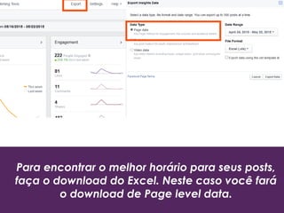 Para encontrar o melhor horário para seus posts,
faça o download do Excel. Neste caso você fará
o download de Page level data.
 