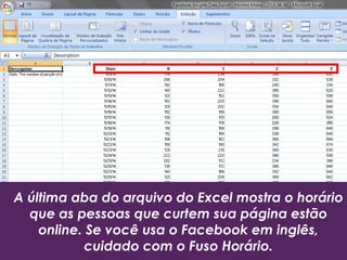 A última aba do arquivo do Excel mostra o horário
que as pessoas que curtem sua página estão
online. Se você usa o Facebook em inglês,
cuidado com o Fuso Horário.
 