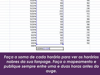 Faça a soma de cada horário para ver os horários
nobres da sua fanpage. Faça o mapeamento e
publique sempre entre uma e duas horas antes do
auge.
 