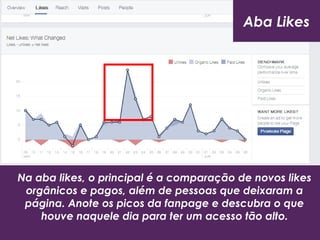 Na aba likes, o principal é a comparação de novos likes
orgânicos e pagos, além de pessoas que deixaram a
página. Anote os picos da fanpage e descubra o que
houve naquele dia para ter um acesso tão alto.
Aba Likes
 