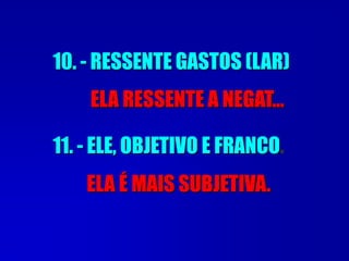 10. - RESSENTE GASTOS (LAR)
ELA RESSENTE A NEGAT...
11. - ELE, OBJETIVO E FRANCO.
ELA É MAIS SUBJETIVA.
 