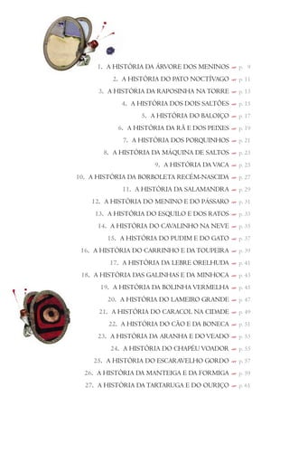 1. A HISTÓRIA DA ÁRVORE DOS MENINOS p. 09
2. A HISTÓRIA DO PATO NOCTÍVAGO p. 11
3. A HISTÓRIA DA RAPOSINHA NA TORRE p. 13
4. A HISTÓRIA DOS DOIS SALTÕES p. 15
5. A HISTÓRIA DO BALOIÇO p. 17
6. A HISTÓRIA DA RÃ E DOS PEIXES p. 19
7. A HISTÓRIA DOS PORQUINHOS p. 21
8. A HISTÓRIA DA MÁQUINA DE SALTOS p. 23
9. A HISTÓRIA DA VACA p. 25
10. A HISTÓRIA DA BORBOLETA RECÉM-NASCIDA p. 27
11. A HISTÓRIA DA SALAMANDRA p. 29
12. A HISTÓRIA DO MENINO E DO PÁSSARO p. 31
13. A HISTÓRIA DO ESQUILO E DOS RATOS p. 33
14. A HISTÓRIA DO CAVALINHO NA NEVE p. 35
15. A HISTÓRIA DO PUDIM E DO GATO p. 37
16. A HISTÓRIA DO CARRINHO E DA TOUPEIRA p. 39
17. A HISTÓRIA DA LEBRE ORELHUDA p. 41
18. A HISTÓRIA DAS GALINHAS E DA MINHOCA p. 43
19. A HISTÓRIA DA BOLINHA VERMELHA p. 45
20. A HISTÓRIA DO LAMEIRO GRANDE p. 47
21. A HISTÓRIA DO CARACOL NA CIDADE p. 49
22. A HISTÓRIA DO CÃO E DA BONECA p. 51
23. A HISTÓRIA DA ARANHA E DO VEADO p. 53
24. A HISTÓRIA DO CHAPÉU VOADOR p. 55
25. A HISTÓRIA DO ESCARAVELHO GORDO p. 57
26. A HISTÓRIA DA MANTEIGA E DA FORMIGA p. 59
27. A HISTÓRIA DA TARTARUGA E DO OURIÇO p. 61
 