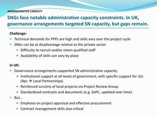 ADMINISTRATIVE CAPACITY
SNGs face notable administrative capacity constraints. In UK,
governance arrangements targeted SN capacity, but gaps remain.
Challenge:
 Technical demands for PPPs are high and skills vary over the project cycle
 SNGs can be at disadvantage relative to the private sector
 Difficulty to recruit and/or retain qualified staff
 Availability of skills can vary by place
In UK:
 Governance arrangements supported SN administrative capacity:
 Institutional support at all levels of government, with specific support for LGs
(4ps  Local Partnerships)
 Reinforced scrutiny of local projects via Project Review Group
 Standardised contracts and documents (e.g. SoPC, updated over time)
 But…
 Emphasis on project appraisal and effective procurement
 Contract management skills also critical
 