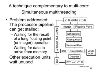 17
A technique complementary to multi-core:
Simultaneous multithreading
• Problem addressed:
The processor pipeline
can get stalled:
– Waiting for the result
of a long floating point
(or integer) operation
– Waiting for data to
arrive from memory
Other execution units
wait unused BTB and I-TLB
Decoder
Trace Cache
Rename/Alloc
Uop queues
Schedulers
Integer Floating Point
L1 D-Cache D-TLB
uCode
ROM
BTB
L2CacheandControlBus
Source: Intel
 