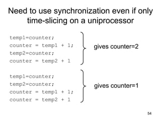 54
Need to use synchronization even if only
time-slicing on a uniprocessor
temp1=counter;
counter = temp1 + 1;
temp2=counter;
counter = temp2 + 1
temp1=counter;
temp2=counter;
counter = temp1 + 1;
counter = temp2 + 1
gives counter=2
gives counter=1
 