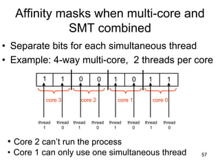 57
Affinity masks when multi-core and
SMT combined
• Separate bits for each simultaneous thread
• Example: 4-way multi-core, 2 threads per core
1
core 3 core 2 core 1 core 0
1 0 0 1 0 1 1
thread
1
• Core 2 can’t run the process
• Core 1 can only use one simultaneous thread
thread
0
thread
1
thread
0
thread
1
thread
0
thread
1
thread
0
 