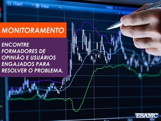 MONITORAMENTO 
ENCONTRE 
FORMADORES DE 
OPINIÃO E USUÁRIOS 
ENGAJADOS PARA 
RESOLVER O PROBLEMA. 
 