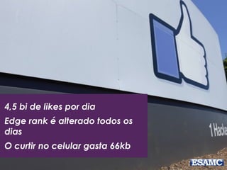 4,5 bi de likes por dia 
Edge rank é alterado todos os 
dias 
O curtir no celular gasta 66kb 
 