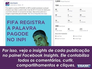 Por isso, veja o insights de cada publicação 
no painel Facebook Insights. Ele contabiliza 
todos os comentários, curtir, 
compartilhamentos e cliques. 
 
