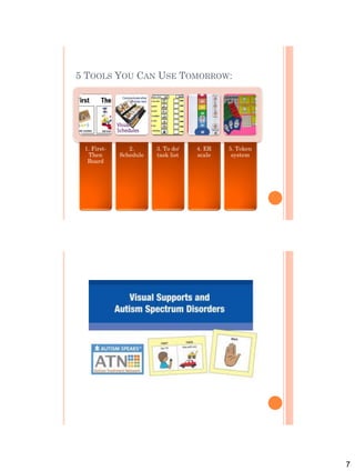7
5 TOOLS YOU CAN USE TOMORROW:
1. First-
Then
Board
2.
Schedule
3. To do/
task list
4. ER
scale
5. Token
system
 