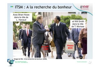 ITSM : A la recherche du bonheur
Avec Brian Howe
dans le rôle de
L. Hanaud

et Will Smith
dans le rôle
de T. Morisse

Happy
BOX

Image du film : A la recherche du bonheur (2006)
Vers l’harmonie des Services
26 nov. 2013 – Cœur Défense 92

Titre de la présentation

2

 