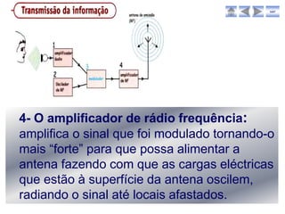 sair




4- O amplificador de rádio frequência:
amplifica o sinal que foi modulado tornando-o
mais “forte” para que possa alimentar a
antena fazendo com que as cargas eléctricas
que estão à superfície da antena oscilem,
radiando o sinal até locais afastados.
 