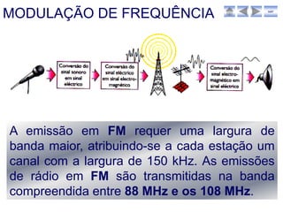 MODULAÇÃO DE FREQUÊNCIA                   sair




A emissão em FM requer uma largura de
banda maior, atribuindo-se a cada estação um
canal com a largura de 150 kHz. As emissões
de rádio em FM são transmitidas na banda
compreendida entre 88 MHz e os 108 MHz.
 