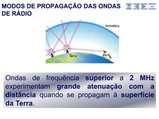 MODOS DE PROPAGAÇÃO DAS ONDAS          sair



DE RÁDIO




Ondas de frequência superior a 2 MHz
experimentam grande atenuação com a
distância quando se propagam à superfície
da Terra.
 