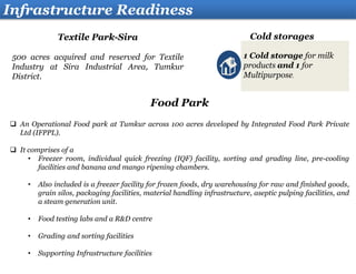 Infrastructure Readiness
Textile Park-Sira
500 acres acquired and reserved for Textile
Industry at Sira Industrial Area, Tumkur
District.
Food Park
 An Operational Food park at Tumkur across 100 acres developed by Integrated Food Park Private
Ltd (IFPPL).
 It comprises of a
• Freezer room, individual quick freezing (IQF) facility, sorting and grading line, pre-cooling
facilities and banana and mango ripening chambers.
• Also included is a freezer facility for frozen foods, dry warehousing for raw and finished goods,
grain silos, packaging facilities, material handling infrastructure, aseptic pulping facilities, and
a steam generation unit.
• Food testing labs and a R&D centre
• Grading and sorting facilities
• Supporting Infrastructure facilities
Cold storages
1 Cold storage for milk
products and 1 for
Multipurpose.
 