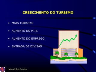 Manuel Reis Ferreira
CRESCIMENTO DO TURISMO
• MAIS TURISTAS
• AUMENTO DO P.I.B.
• AUMENTO DO EMPREGO
• ENTRADA DE DIVISAS
 