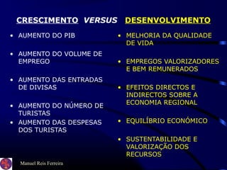 Manuel Reis Ferreira
CRESCIMENTO VERSUS DESENVOLVIMENTO
• AUMENTO DO PIB
• AUMENTO DO VOLUME DE
EMPREGO
• AUMENTO DAS ENTRADAS
DE DIVISAS
• AUMENTO DO NÚMERO DE
TURISTAS
• AUMENTO DAS DESPESAS
DOS TURISTAS
• MELHORIA DA QUALIDADE
DE VIDA
• EMPREGOS VALORIZADORES
E BEM REMUNERADOS
• EFEITOS DIRECTOS E
INDIRECTOS SOBRE A
ECONOMIA REGIONAL
• EQUILÍBRIO ECONÓMICO
• SUSTENTABILIDADE E
VALORIZAÇÃO DOS
RECURSOS
 