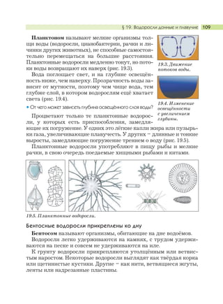 § 19. Водоросли донные и плавучие 109
Планктоном называют мелкие организмы тол-
щи воды (водоросли, цианобактерии, рачки и ли-
чинки других животных), не способные самостоя-
тельно перемещаться на большие расстояния.
Планктонные водоросли медленно тонут, но пото-
ки воды возвращают их наверх (рис. 19.3).
Вода поглощает свет, и на глубине освещён-
ность ниже, чем наверху. Прозрачность воды за-
висит от мутности, поэтому чем чище вода, тем
глубже слой, в котором водорослям ещё хватает
света (рис. 19.4).
От чего может зависеть глубина освещённого слоя воды?
Процветают только те планктонные водорос-
ли, у которых есть приспособления, замедля-
ющие их погружение. У одних это лёгкие капли жира или пузырь-
ки газа, увеличивающие плавучесть. У других – длинные и тонкие
выросты, замедляющие погружение трением о воду (рис. 19.5).
Планктонные водоросли употребляют в пищу рыбы и мелкие
рачки, в свою очередь поедаемые хищными рыбами и китами.
Бентосные водоросли прикреплены ко дну
Бентосом называют организмы, обитающие на дне водоёмов.
Водоросли легко удерживаются на камнях, с трудом удержи-
ваются на песке и совсем не удерживаются на иле.
К грунту водоросли прикрепляются утолщённым или ветвис-
тым наростом. Некоторые водоросли выглядят как твёрдая корка
или щетинистые кустики. Другие – как нити, ветвящиеся жгуты,
ленты или надрезанные пластины.
19.3. Движение
потоков воды.
19.4. Изменение
освещённости
с увеличением
глубины.
19.5. Планктонные водоросли.
 