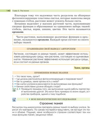 Глава 6. Растения140
Благодаря тому что надземная часть разделена на обширные
фотосинтезирующие пластины-листья, которые вынесены вверх
с помощью стебля, растение может усвоить больше света.
Ботаники выделяют у высших растений части, выполняющие
сходные функции и образованные из одинакового набора тканей:
стебель, листья, корни, шишки, цветки. Эти части называются
органами.
1. Что такое ткань, орган?
2. Где должны располагаться фотосинтезирующая и покровная ткани?
3. Как ты думаешь, какие органы есть у мхов?
4. Как клетки улотрикса различаются по выполняемым ими функциям?
5. Какими свойствами должна обладать спора?
6. Приведите примеры того, как выполнение одной работы препятству-
ет выполнению другой. Это могут быть примеры из жизни людей, уст-
ройства приборов, зданий и тому подобное.
Строение тканей
Рассмотри под микроскопом препараты разных тканей по выбору учителя. За-
рисуй эти препараты. По срезам постарайся представить, как выглядят эти тка-
ни в объёме. Подумай, какие особенности строения соответствуют тем или
иным функциям тканей, увиденных тобой.
МОИ БИОЛОГИЧЕСКИЕ ИССЛЕДОВАНИЯ
ПРИМЕНЯЕМ НОВЫЕ ЗНАНИЯ
Ткани, органы
Растение, состоящее из разных тканей, может эффективнее исполь-
зовать разнородную среду, чем растение, состоящее из одинаковых
клеток. Наземное растение эффективнее использует ресурсы среды,
если состоит из разных органов.
СРАВНИВАЕМ СВОЙ ВЫВОД С АВТОРСКИМ
Части растения, выполняющие различные функции в орга-
низме, называются органами. Каждый орган состоит из своего
набора тканей.
 