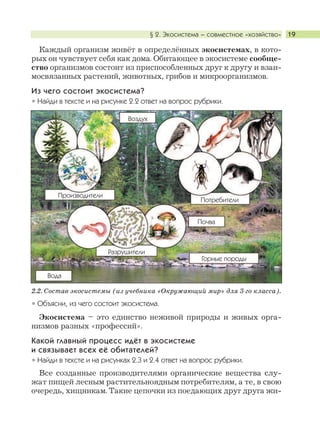 § 2. Экосистема – совместное «хозяйство» 19
Каждый организм живёт в определённых экосистемах, в кото-
рых он чувствует себя как дома. Обитающее в экосистеме сообще-
ство организмов состоит из приспособленных друг к другу и взаи-
мосвязанных растений, животных, грибов и микроорганизмов.
Из чего состоит экосистема?
Найди в тексте и на рисунке 2.2 ответ на вопрос рубрики.
2.2. Состав экосистемы (из учебника «Окружающий мир» для 3-го класса).
Объясни, из чего состоит экосистема.
Экосистема – это единство неживой природы и живых орга-
низмов разных «профессий».
Какой главный процесс идёт в экосистеме
и связывает всех её обитателей?
Найди в тексте и на рисунках 2.3 и 2.4 ответ на вопрос рубрики.
Все созданные производителями органические вещества слу-
жат пищей лесным растительноядным потребителям, а те, в свою
очередь, хищникам. Такие цепочки из поедающих друг друга жи-
Воздух
Потребители
Производители
Разрушители
Почва
Горные породы
Вода
 