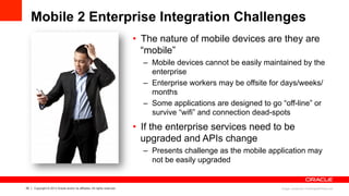 25 Copyright © 2013 Oracle and/or its affiliates. All rights reserved.
Mobile 2 Enterprise Integration Challenges
•  The nature of mobile devices are they are
“mobile”
–  Mobile devices cannot be easily maintained by the
enterprise
–  Enterprise workers may be offsite for days/weeks/
months
–  Some applications are designed to go “off-line” or
survive “wifi” and connection dead-spots
•  If the enterprise services need to be
upgraded and APIs change
–  Presents challenge as the mobile application may
not be easily upgraded
Image: posterize/ FreeDigitalPhotos.net
 