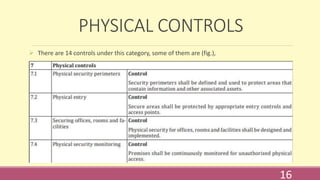 PHYSICAL CONTROLS
 There are 14 controls under this category, some of them are (fig.),
16
 