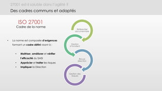 27001 est-il soluble dans l’agilité ?
Des cadres communs et adaptés
Référentiel
documentaire
Gestion
d’incident
Revue
direction
Gestion des
risques
•  La norme est composée d’exigences
formant un cadre défini visant à :
•  Maitriser, améliorer et vérifier
l’efficacité du SMSI
•  Apprécier et traiter les risques
•  Impliquer la Direction
ISO 27001
Cadre de la norme
 
